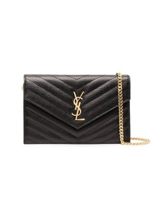 Saint Laurent Chain-strap YSL-plaque grained-leather wallet