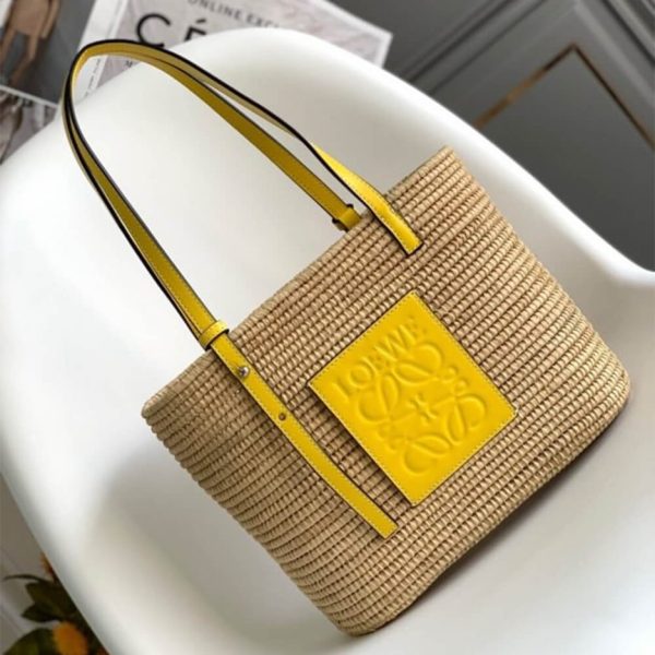 LOEWE Small Square Basket Bag in Raffia and Calfskin(HIGH-END GRADE)
