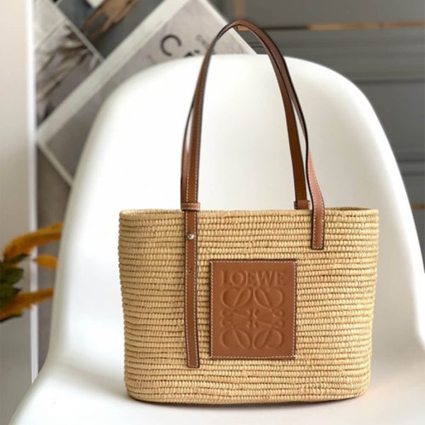 LOEWE Small Square Basket Bag in Raffia and Calfskin(HIGH-END GRADE)