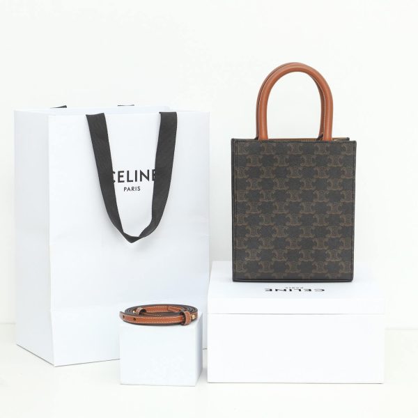 CELINE Mini Vertical Cabas Bag in Calfskin Leather with Logo and Celine Print