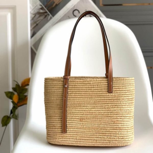 LOEWE Small Square Basket Bag in Raffia and Calfskin(HIGH-END GRADE)