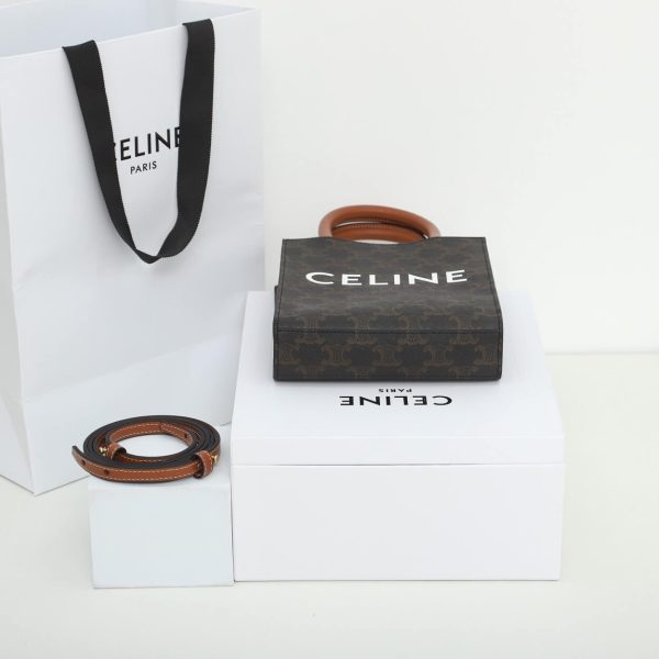 CELINE Mini Vertical Cabas Bag in Calfskin Leather with Logo and Celine Print